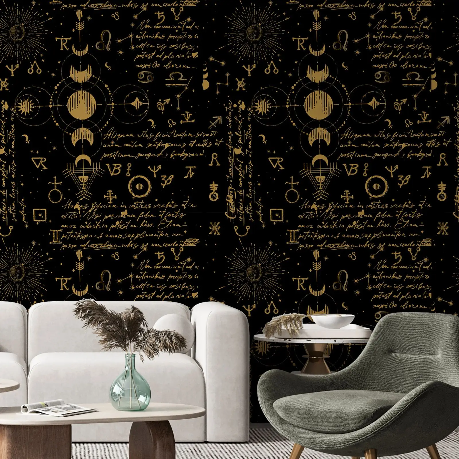 Dunkle Astrologie-Tapete, Mond und Sonne, Tapete zum Abziehen und Aufkleben, magische und esoterische Wandgemälde, Heimdekoration, mit Kleber oder ohne Image