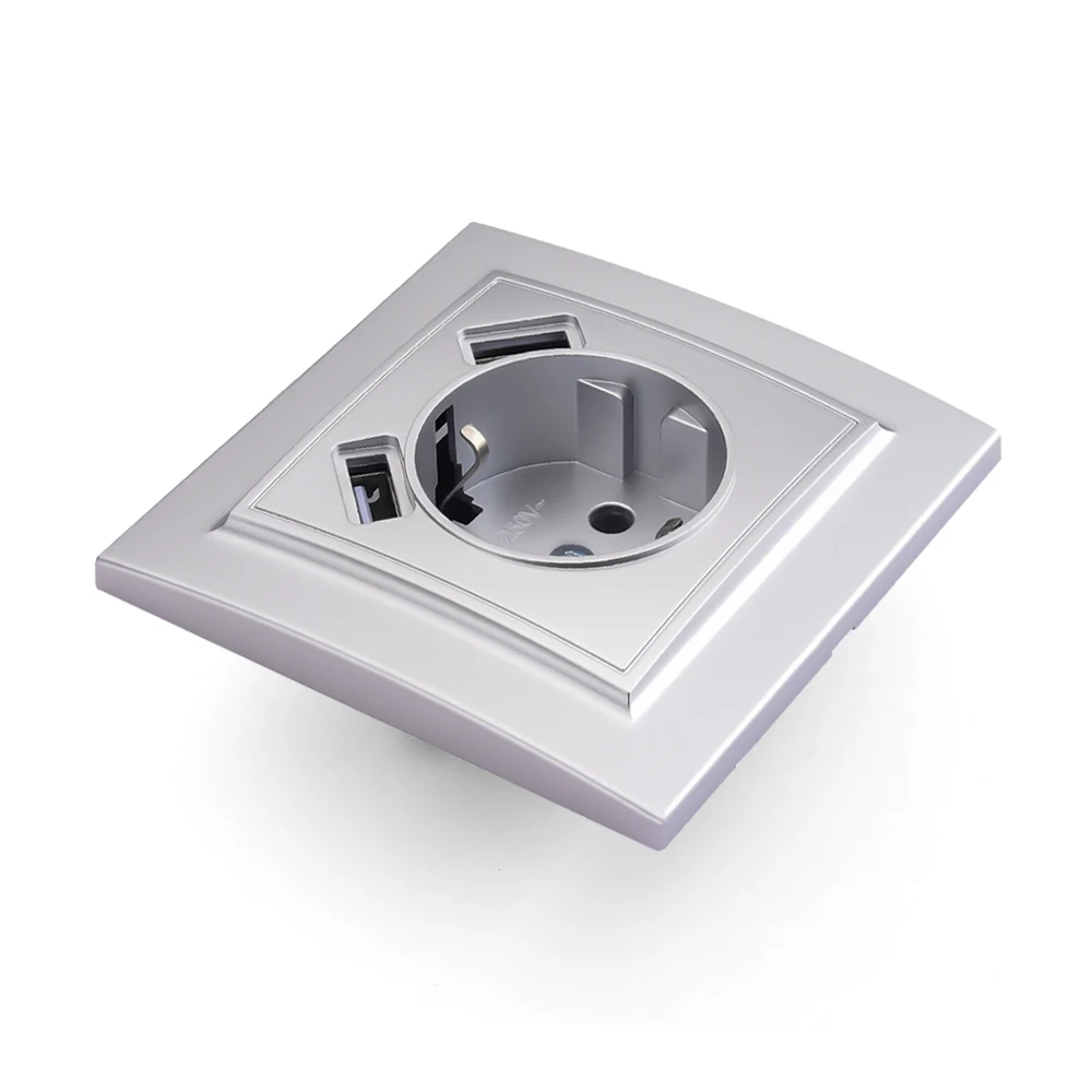 Silberfarbene Kunststoff-Wandsteckdose mit Erdung, flammhemmend, EU-Standard, USB-Anschlüsse, klassisch, 250V Image