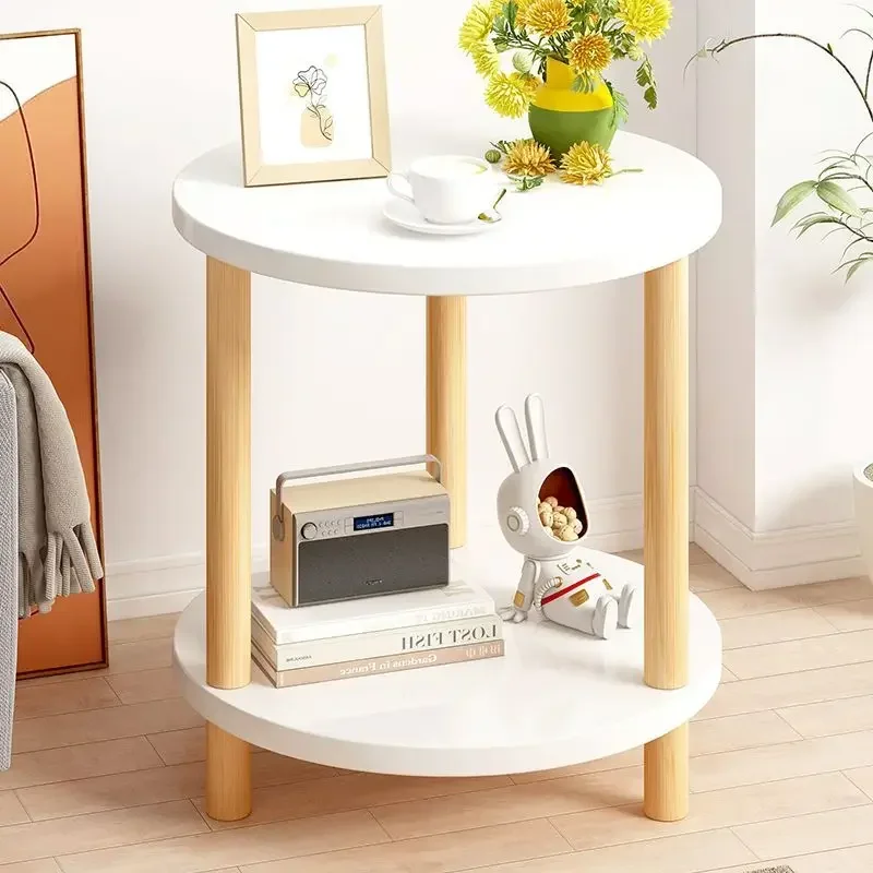 Moderner runder quadratischer Nachttisch aus Holz, doppellagiger Nachttisch, Heimbüro, Schlafzimmer, Wohnzimmer, Sofa, Beistelltisch, Couchtisch