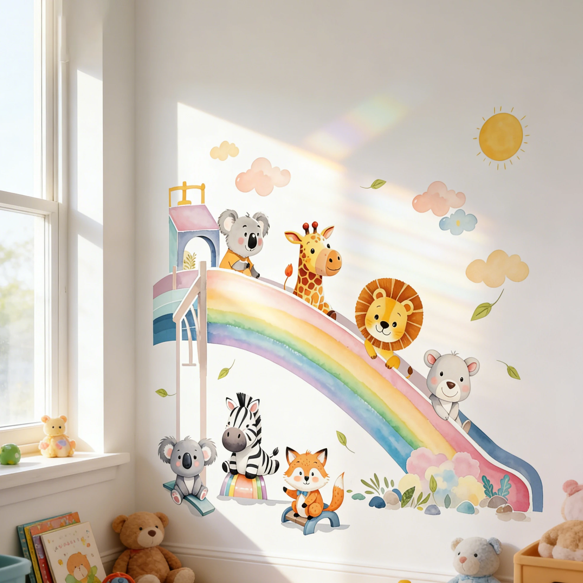 Cartoon Tier Regenbogen Wolke Sonne Wandaufkleber für Kinderzimmer Selbstklebende Dekorative Wandtattoos