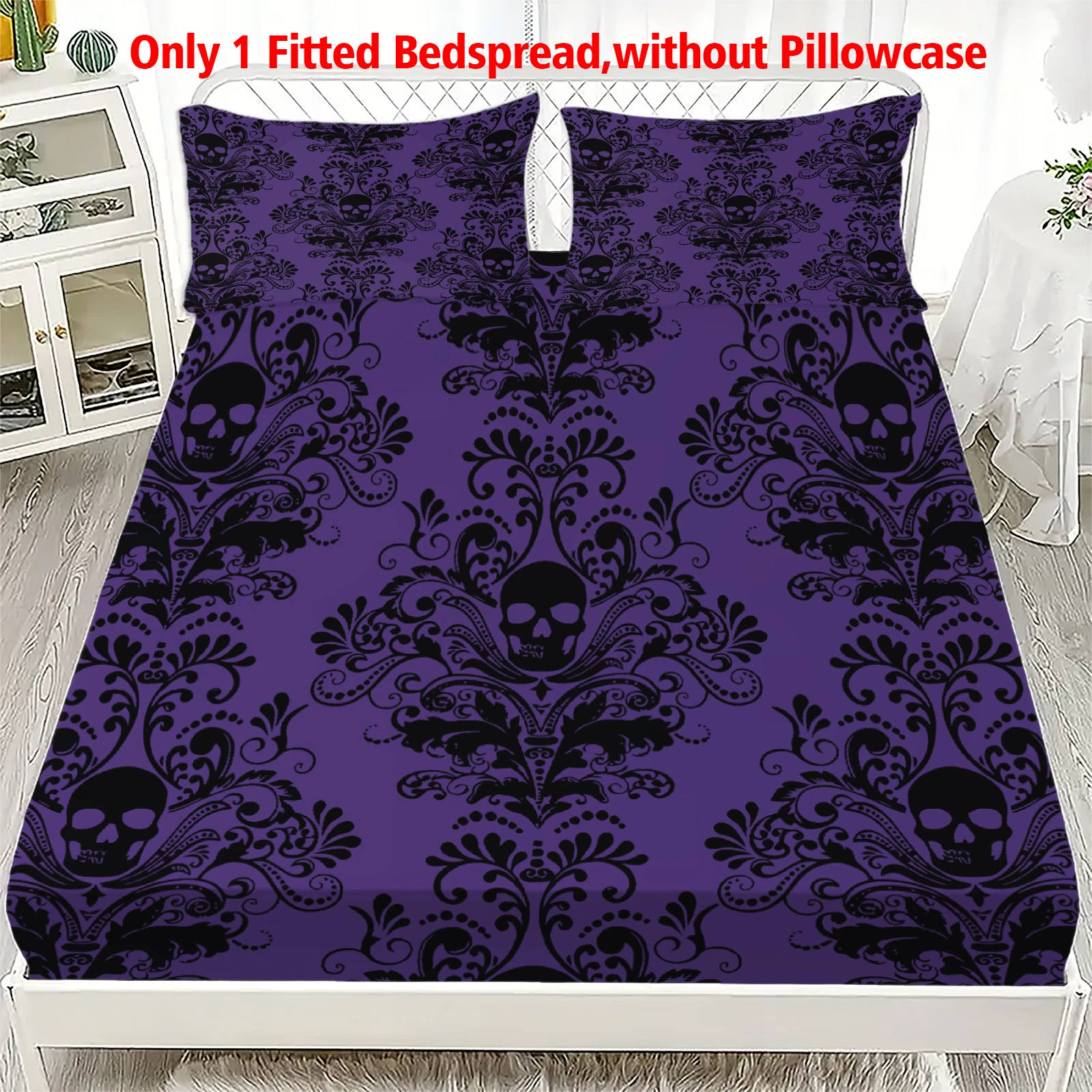 1-teiliges Bettlaken-Set mit lila Totenkopf-Blumenmuster – 100 % Polyester, Digitaldruck, atmungsaktives, ganzjähriges Spannbettlaken und Kissenbezug-Set Image