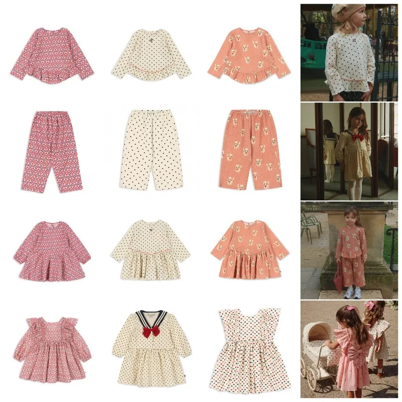 Kinder-Set 26 Sommer Neu KS Rosa Lila Herzchen-Kleid Gepunktetes Oberteil Hose Mädchen Orange Kätzchen-Shirt Kinder-Bluse