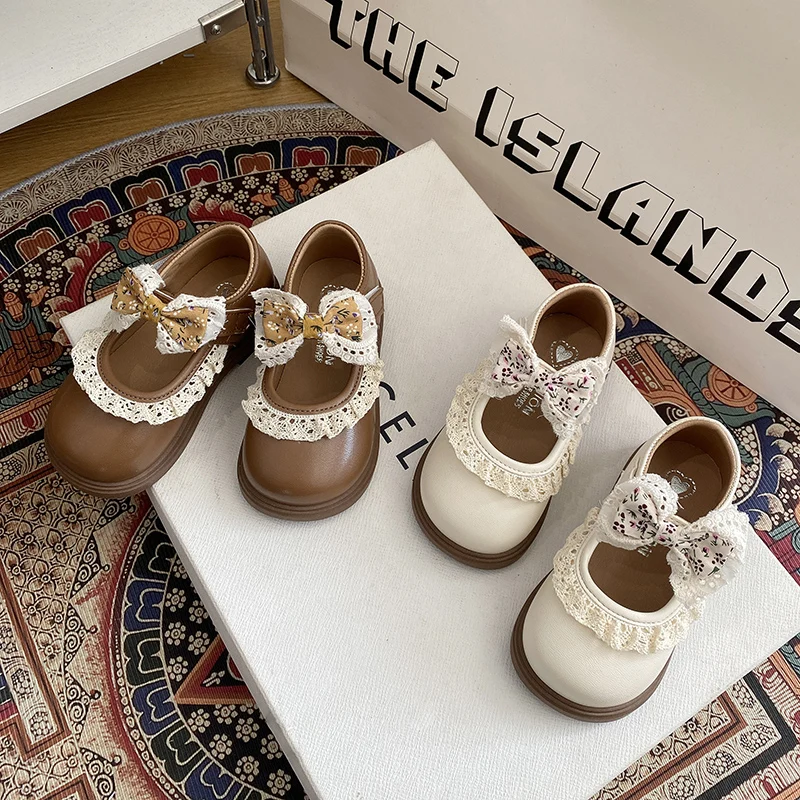2026 Frühling Neue Süße Spitze Schleife Mädchen Mode Lederschuhe Kinder Flache Schuhe Runde Spitze Lässige Prinzessinnen-Schuhe