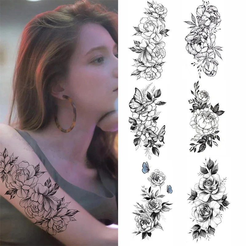 6PCS Frauen Temporäre Tattoo Aufkleber Schwarze Blume Tattoos Sexy Rose Schmetterling Tattoo Körper Kunst Arm Beine Gefälschte Tattoo wasserdicht