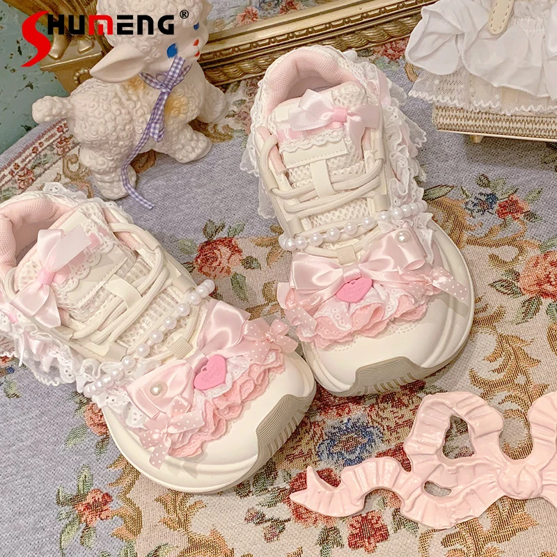 Japanische Original Spitze Bowknot Perle Band Nette Süße Mesh Schuhe Dicken Sohlen Papa Schuhe Höhe-Zunehmende Casual Turnschuhe damen