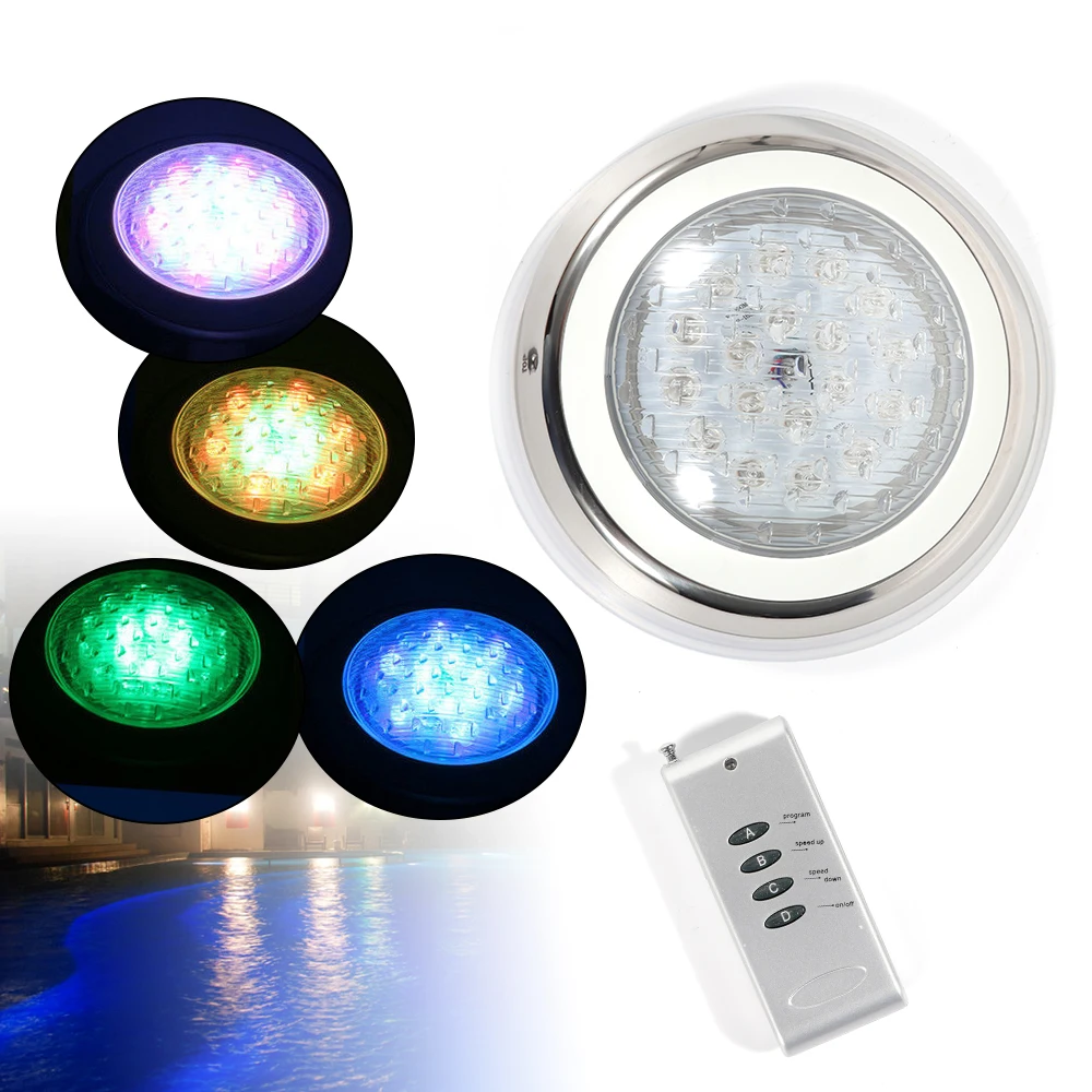 54 W RGB-LED-Poolleuchte, IP68, wasserdicht, 7 Farben, Edelstahl-Unterwasserlampe mit Fernbedienung für Schwimmbad, Brunnen Image