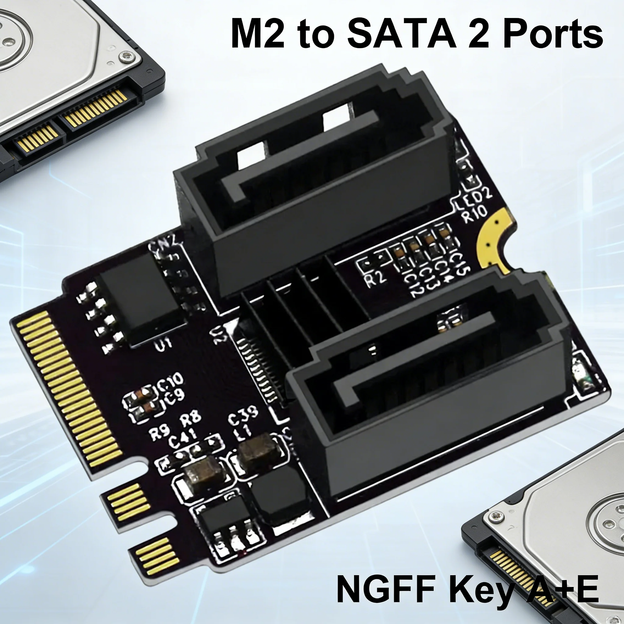 MZX M.2 zu SATA 3.0 2-Port NGFF Konverter SSD HDD Festplattenadapter Riser-Karte Key A+E WLAN Treiberfreies Computer-PC-Zubehör Image