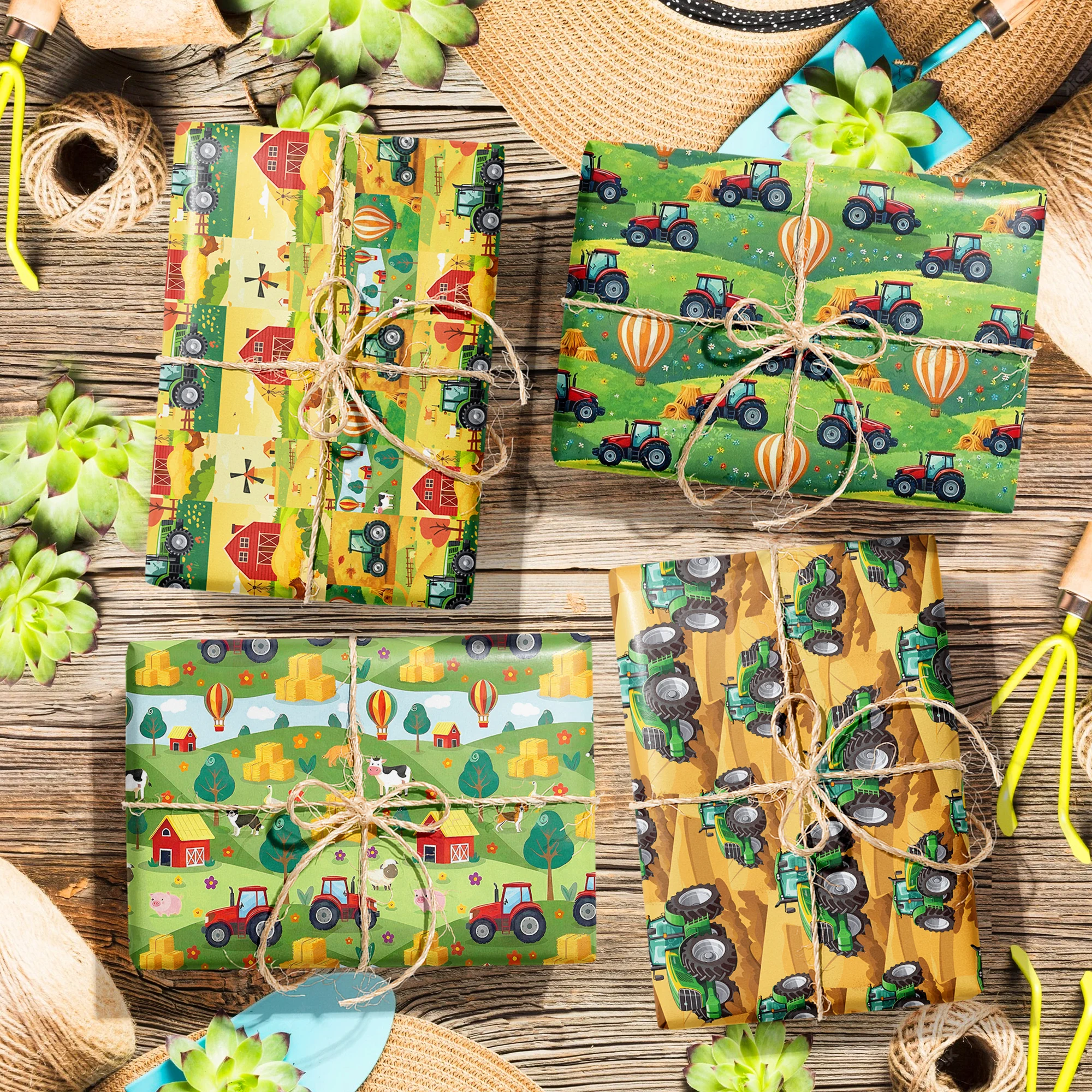 4/12/24 Stück Geschenkpapier mit Bauernhof-Traktor-Motiv für Geburtstagsdekoration, Babyparty, Geschenkdekoration, Papier für Partyzubehör Image