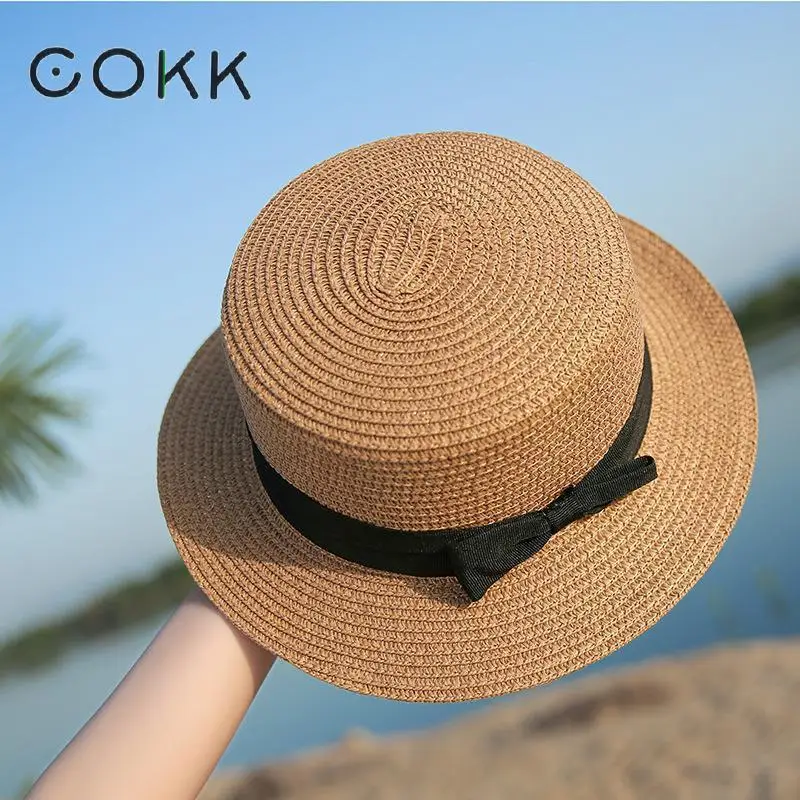 COKK Panama Hut Einfache Sommer Strand Hut Weibliche Casual Dame Frauen Flache Krempe Bowknot Stroh Kappe Mädchen Sonnenhut Chapeu feminino Image