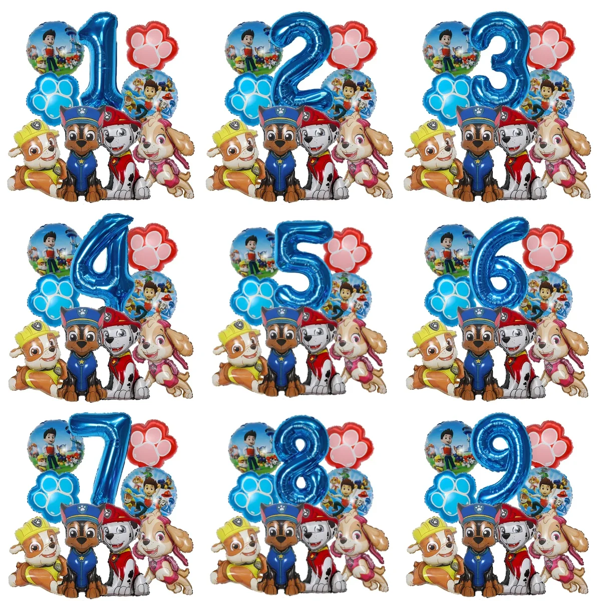 9-teiliges PAW Patrol Ballon-Set für Geburtstagsdekoration, Aluminiumfolie Digitalballons mit Chase, Marshall, Skye, Kinder-Partyzubehör und Spielzeug Image