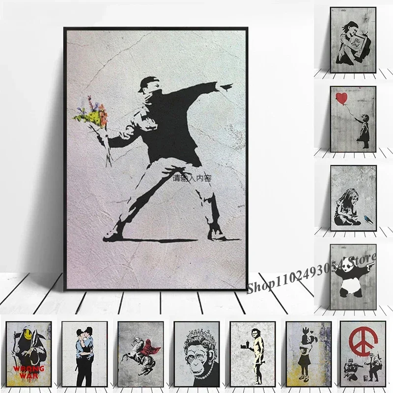 Banksy Graffiti-Kunstwerk Leinwanddrucke Wandbilder Mädchen mit Rotem Ballon Schwarz-Weiß-Poster Nordische Wohnraumdekoration