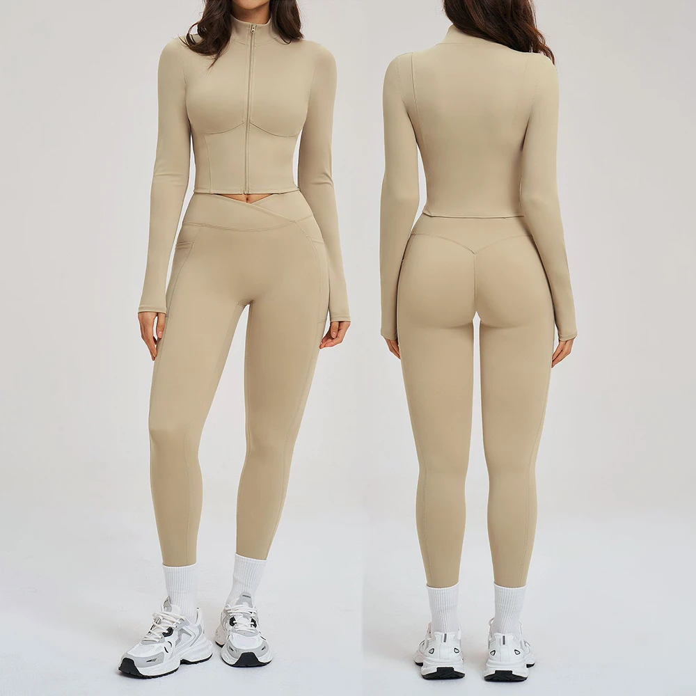 Ensemble de sport et yoga 2 pièces pour femme : Haut ajusté, veste de sport, legging et pantalon de yoga, tenue de fitness, entraînement, course à pied, yoga, manches longues