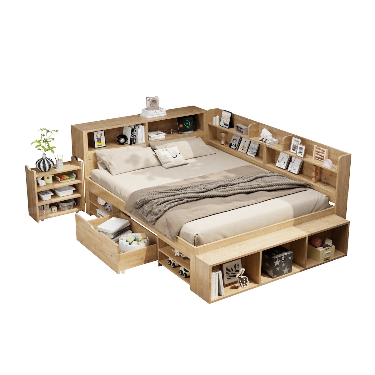OKWISH Multifunktionales Bett 140x200 cm mit Schubladen, Regalen und Stauraum, Holzoptik, platzsparendes Doppelbett für Schlafzimmer und Gästezimmer Image