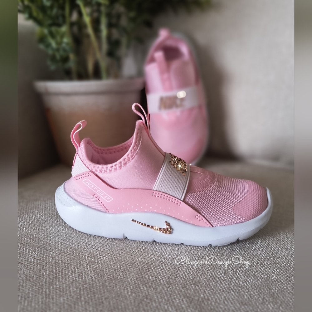 Nike Shoes | Bling Nike Flex Runner 4 Baby Toddler Girl Shoes Pink Customized Nikes With Gold | Color: Pink/White | Size: Various