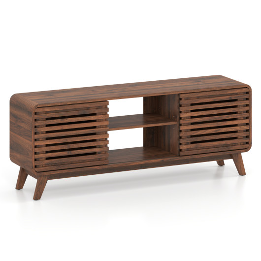 Costway Mid Century Modern Entertainment Center with Grille-style Sliding Doors for Living Room-Walnut