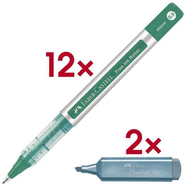 Faber-Castell 12x Tintenroller »Free Ink« 0.5 mm inkl. 2x Textmarker »TL 46 Metallic« metallic grün Image