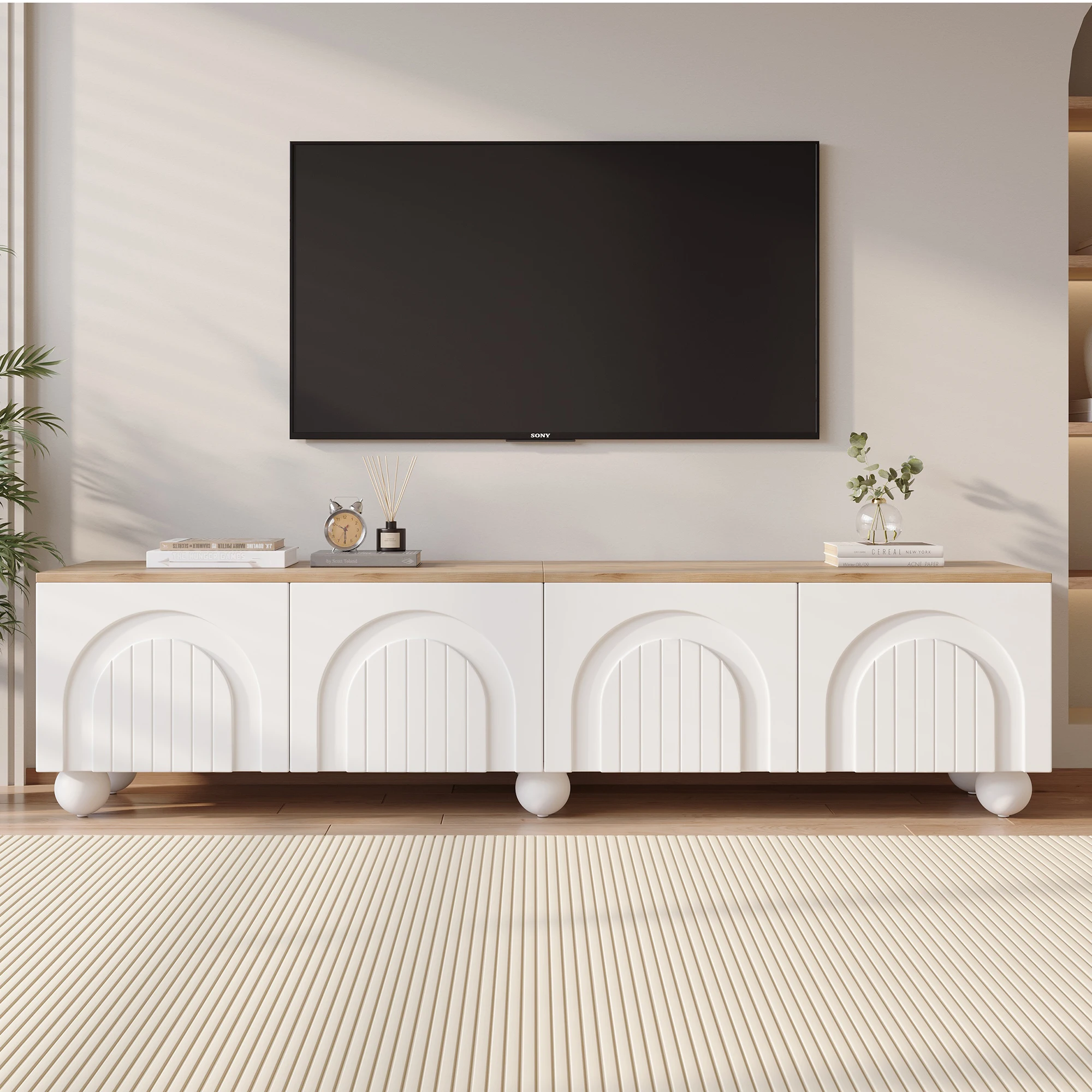 Meuble TV 180*40*45cm avec 4 étagères, support TV et meuble TV avec 6 pieds à billes et pieds en métal, meuble bas et table TV