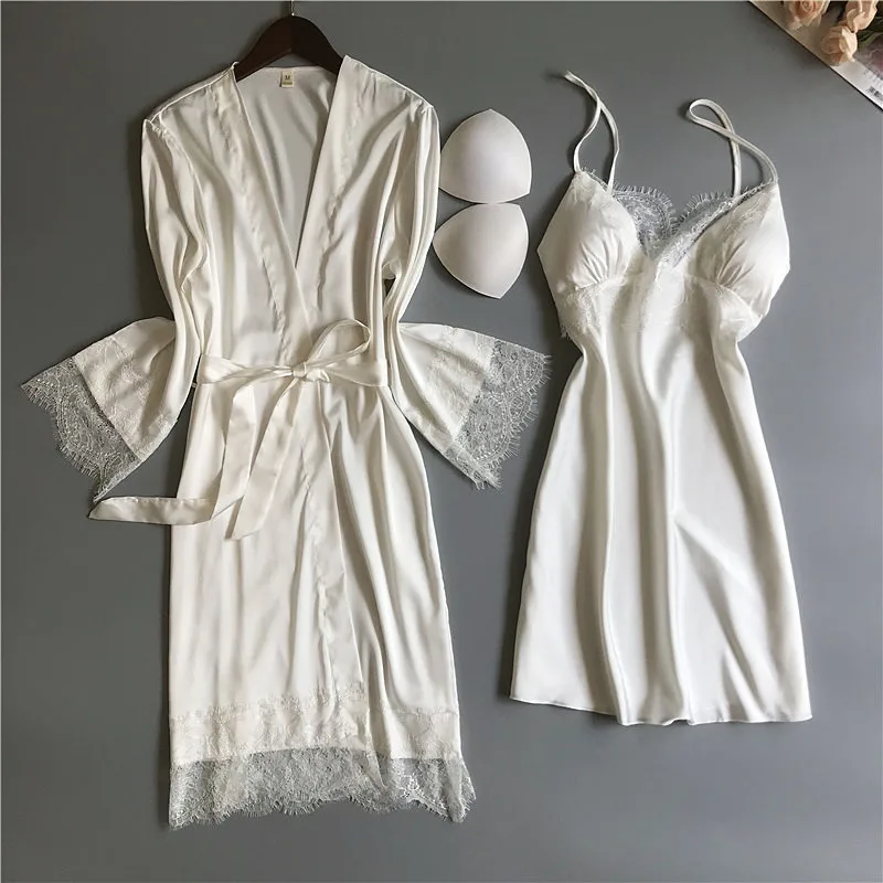 Weiß V-ausschnitt Spitze Sexy Dame Nachthemd & Robe Set Mit Bh Braut Brautjungfer Hochzeit Robe Soild Satin Casual Hause Dressing kleid M-XL