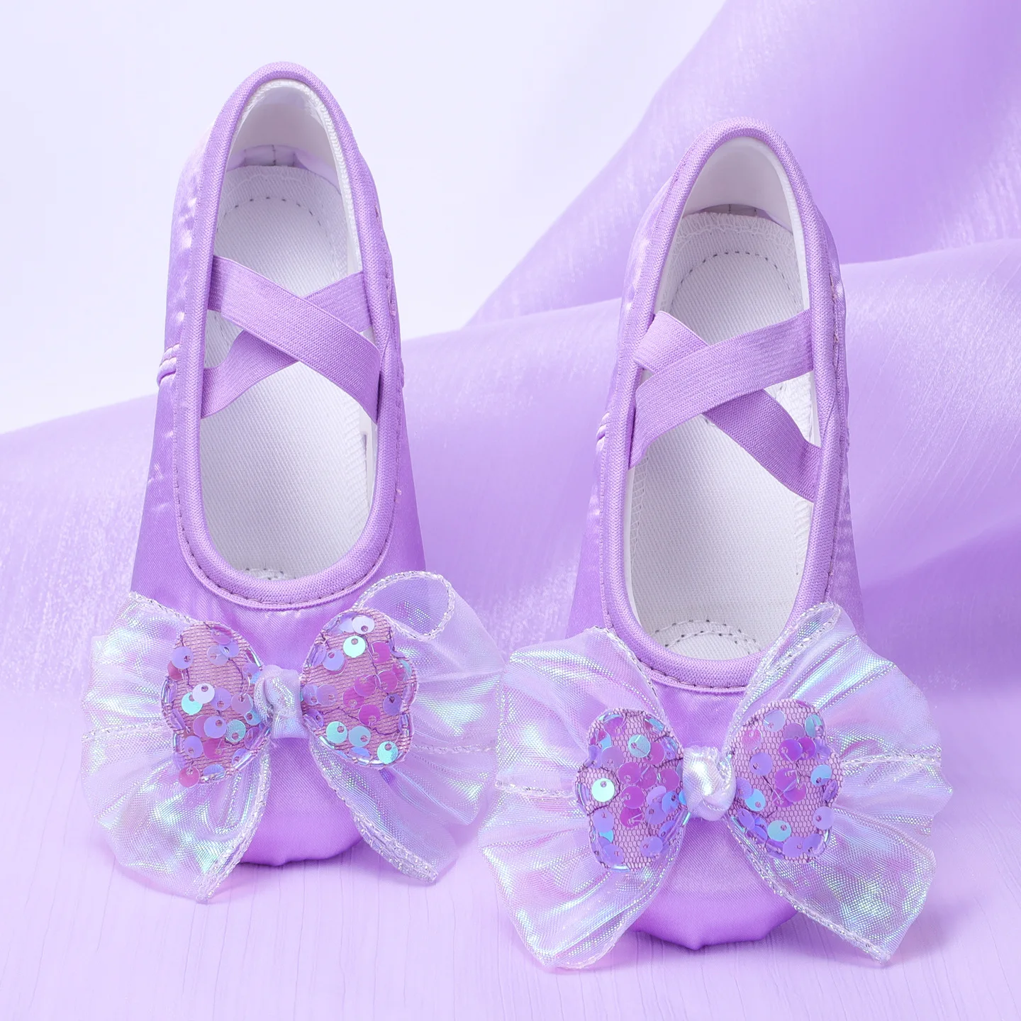 Ballettschuhe für Mädchen, weiche Sohle, Ballett-Tanzschuhe mit Schleife und Pailletten, für Kinder, zum Üben, Ballerina, für Damen, Gymnastik, lila, blaue Schuhe, Größe 23–39
