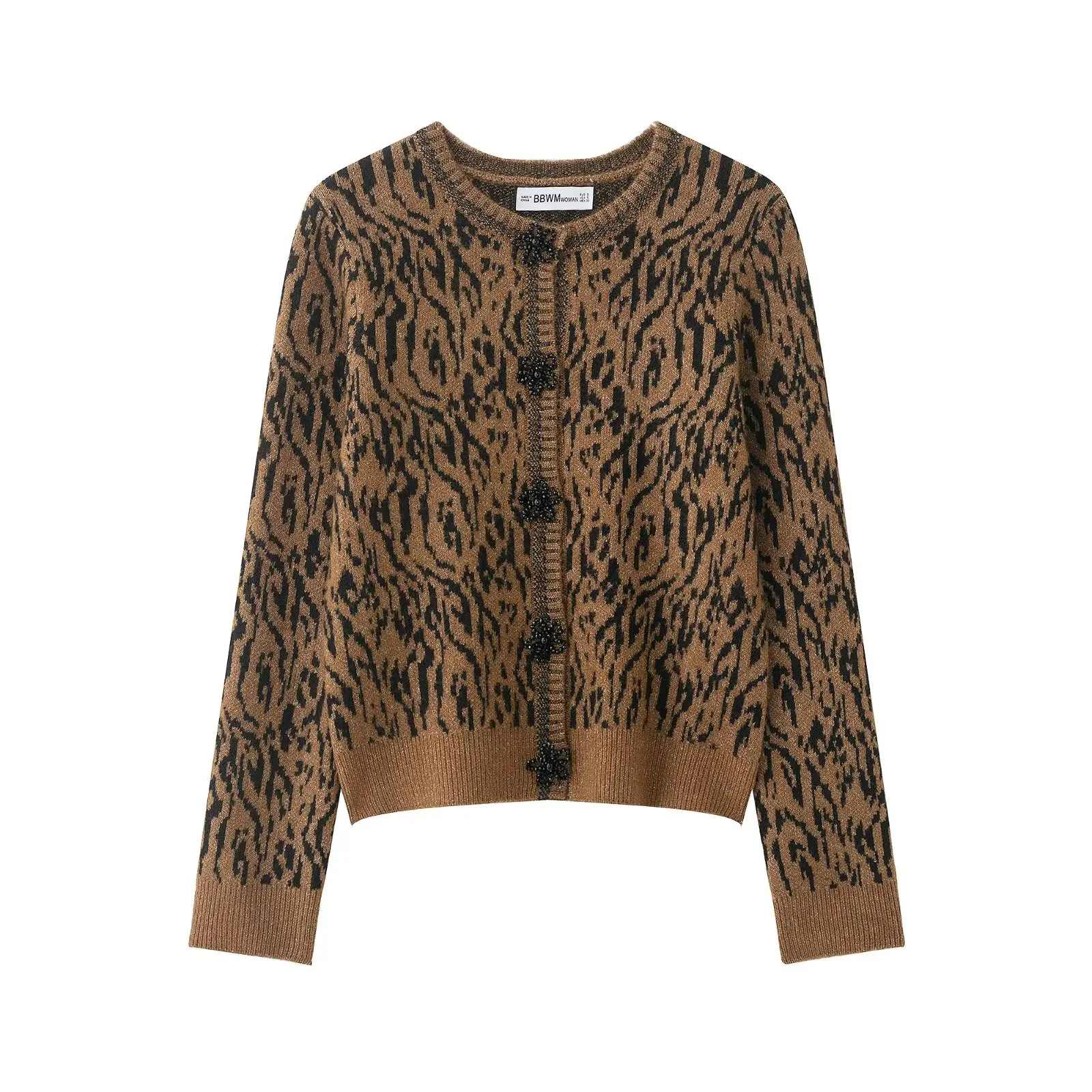 Zevity 2026 Frauen Vintage Leopard Muster Jacquard Stricken Pullover Weibliche Chic Perle Perlen Tasten Strickjacke Mäntel Tops CT 9486 Image