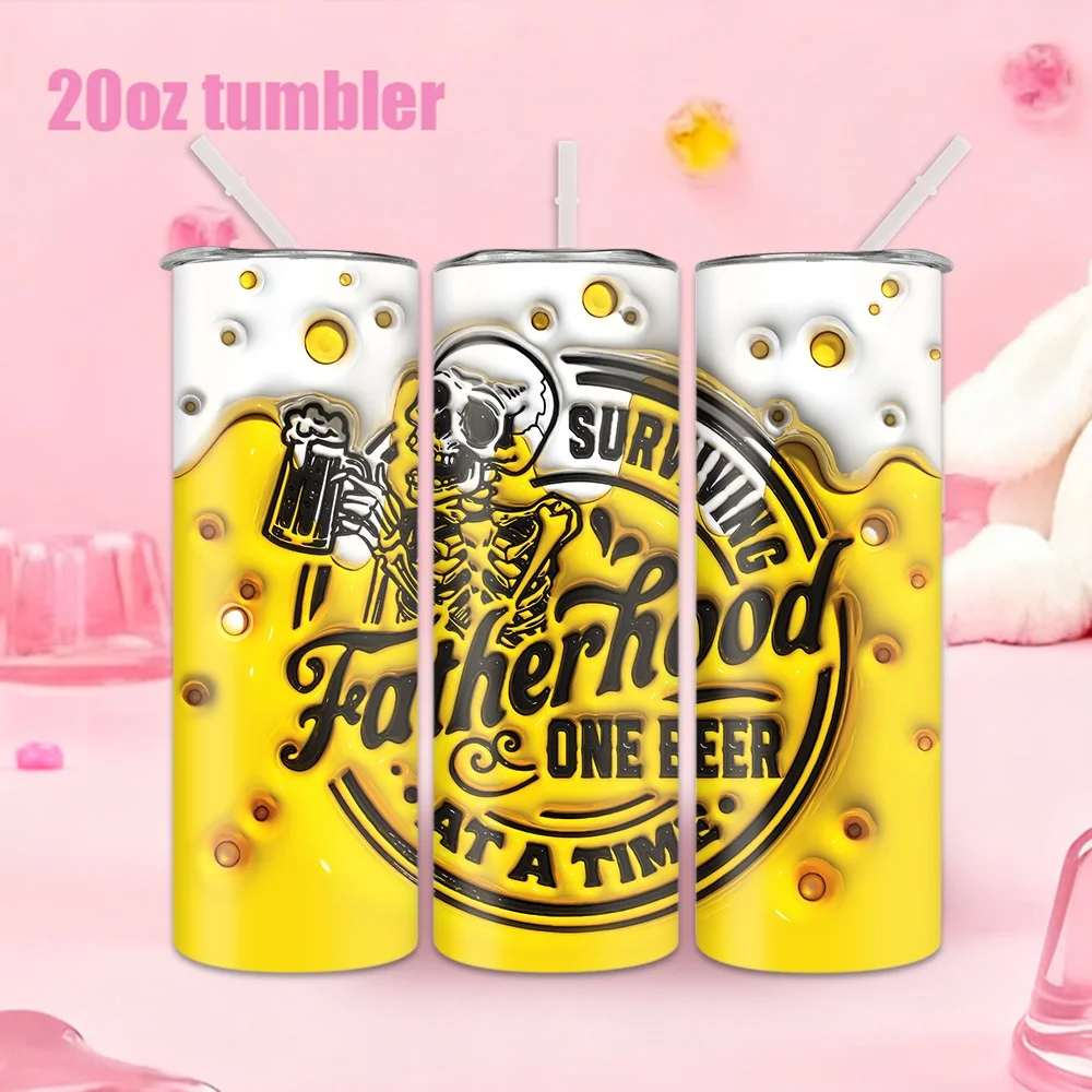 1 Stück 20oz Trinkflasche mit Strohhalm, isolierter Edelstahl-Wasserbecher mit Totenkopf- und Bier-Design, Vatertagsmotiv. Image