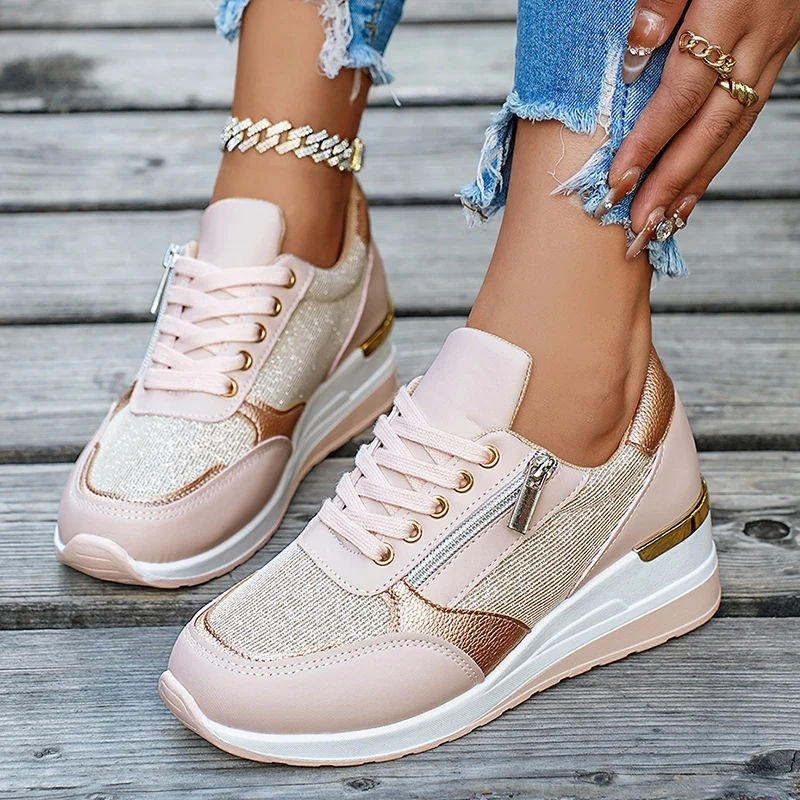 Plus Größe 44 Keile Turnschuhe Frauen Mode Rosa Gold Lace Up Plattform Sport Schuhe Frau Nicht Slip Dicken Boden Vulkanisierte Schuhe