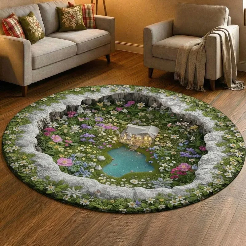 2D Fantasy Frühlingsgarten Runder Teppich Höhlenhaus See-Illusion Bodenmatte Weicher Rutschfester Natur-Blumenteppich für Wohnzimmer Schlafzimmer Image