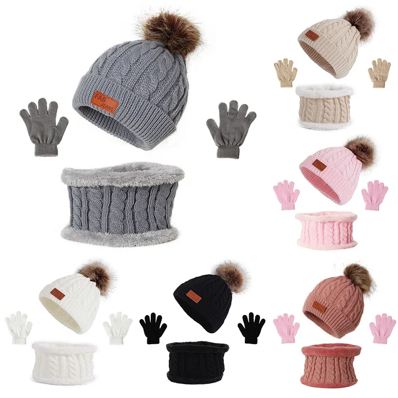 3Pcs Winter Baby Hut Schal Handschuhe Set Einfarbig Kleinkind Motorhaube Nette Pompom Gestrickte Hüte Im Freien Warme Infant Zubehör Image