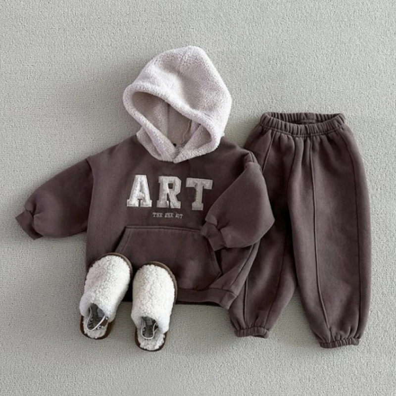 1 2 3 4 5 6 Jahre Baby Jungen Kleidung Set Herbst Winter Neue Patchwork Plüsch Dicke Warme Hoodie + Hosen 2 Stücke Für Jungen Casual Outfit Image