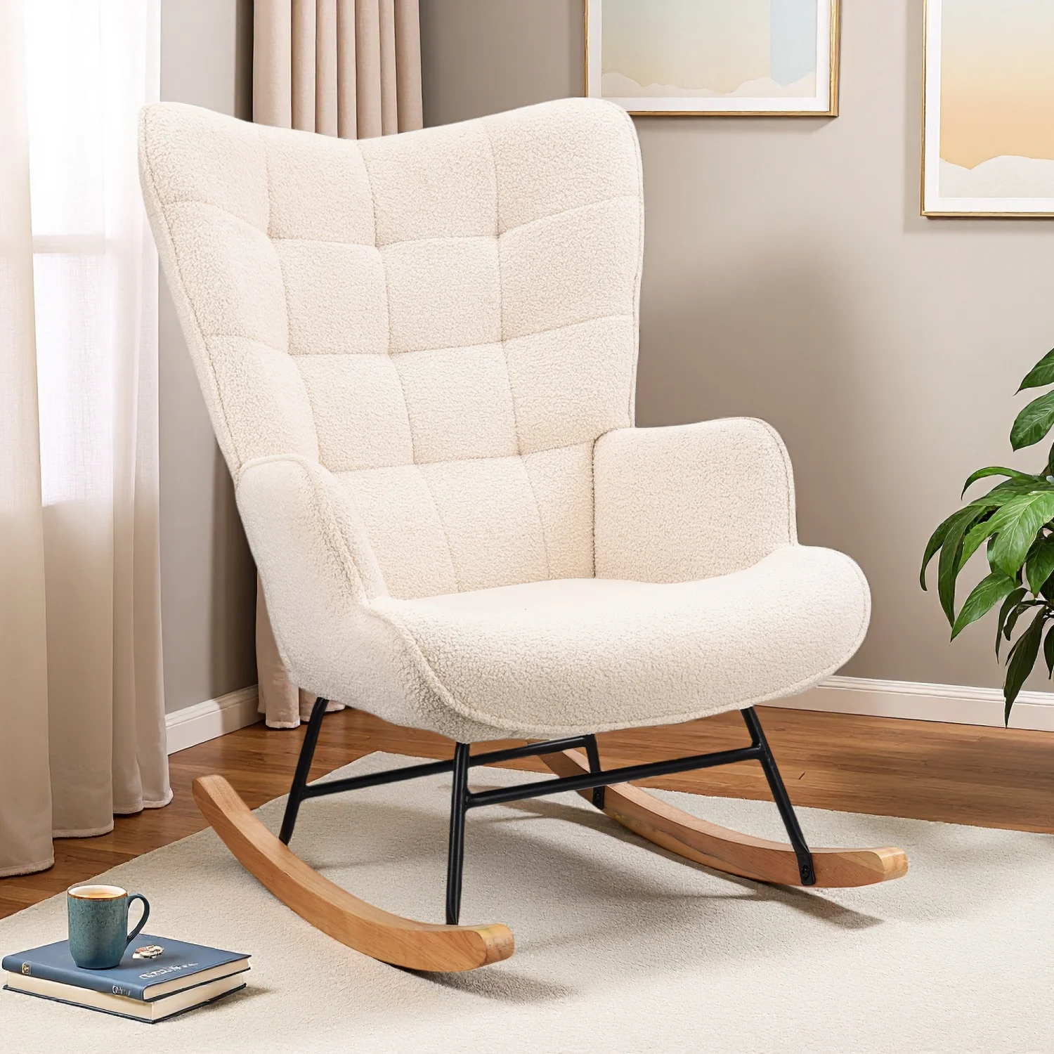 Rosahqnda Schaukelstuhl mit Rückenlehne, gepolsterter Schaukelstuhl für Wohnzimmer, Schlafzimmer, Balkon, Relaxsessel, Beige, Grau, Rosa Image