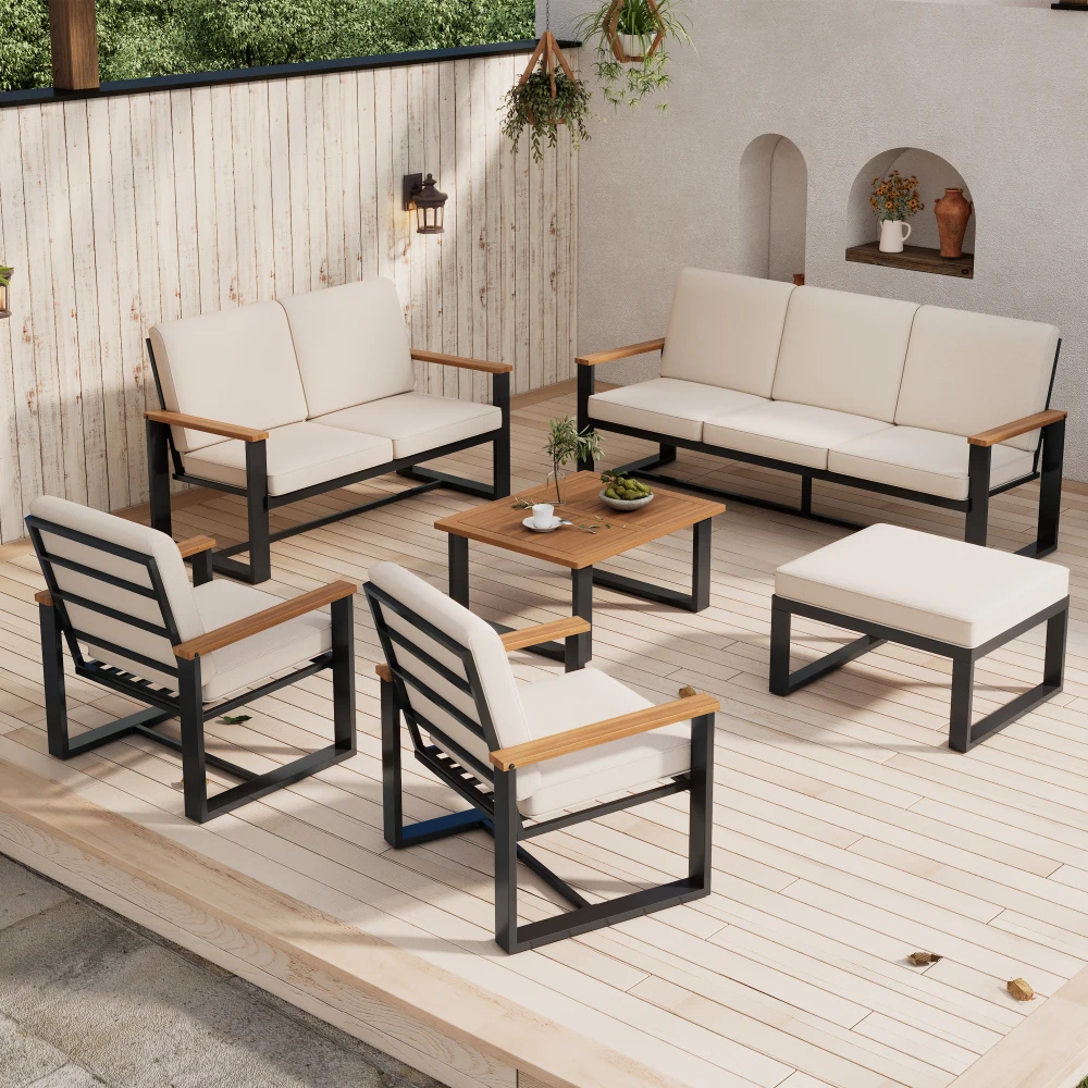 Gartenmöbel-Set, 1 3-Sitzer-Sofa, 2-Sitzer-Sofa, 2 1-Sitzer-Sofas, Couchtisch und Sessel, Akazienholz, verzinkter Stahl