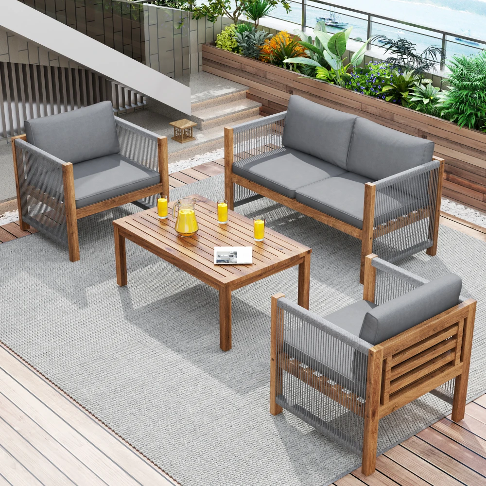 Lounge-Set, Gartenmöbel-Set, mit Komfortkissen, Doppelsofa, 2 Stühlen und Tisch, für den Außenbereich, Tisch und Stühle