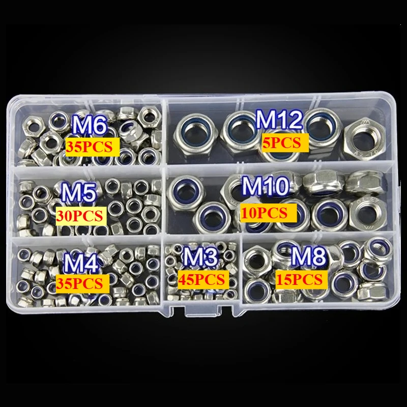 175-teiliges Sechskant-Sicherungsmuttern-Set mit Nylon-Einsatz, 304 Edelstahl Sechskant-Selbstsicherungs-Nylock-Sortiment M3/M4/M5/M6/M8/M10/M12 Image
