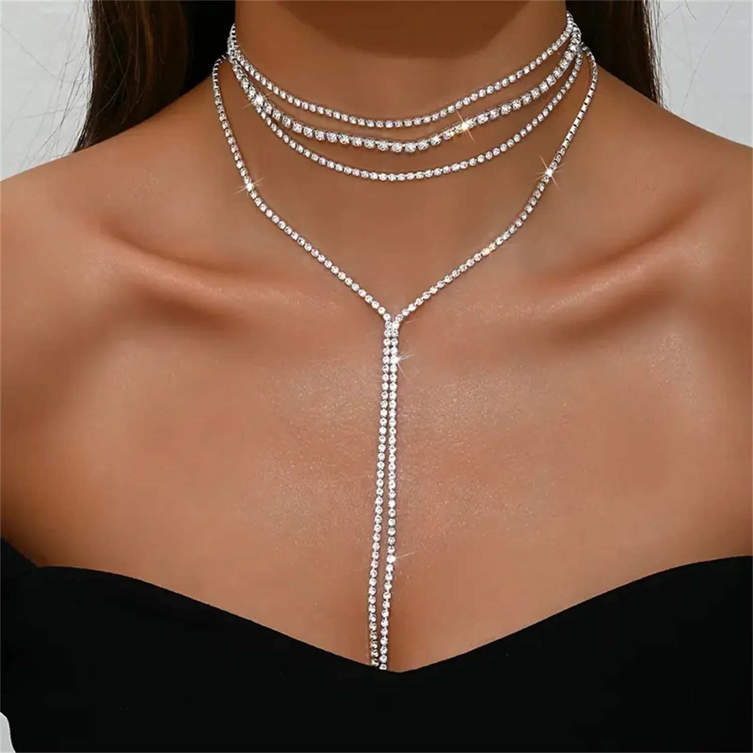 Leichte Luxus Voller Strass Halsband Halskette für Frauen Mehrschichtige Y-förmige Lange Quaste Halskette Mädchen Party Hochzeit Schmuck Geschenk Image