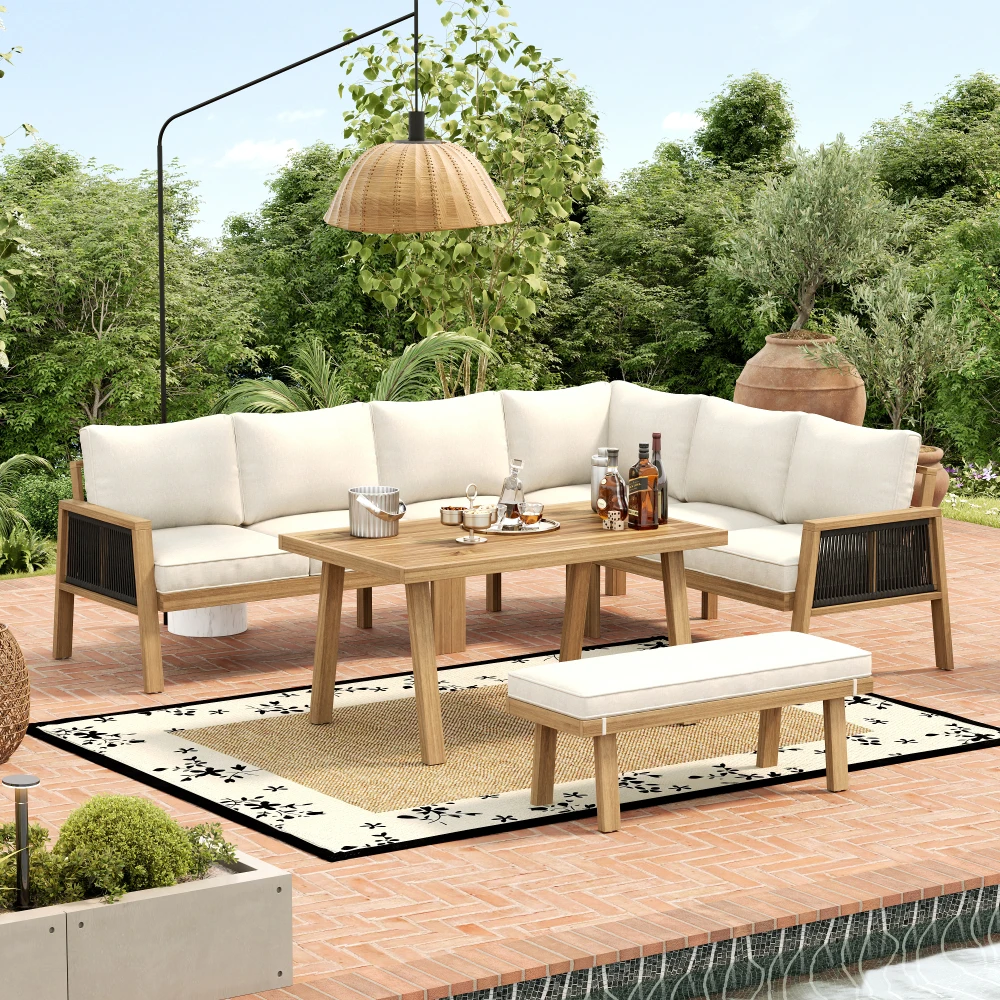 Modernes Outdoor-Gartenmöbel-Set aus Akazienholz mit Ecksofa und Couchtisch im Handgewebten Seildesign für Balkon und Freizeit