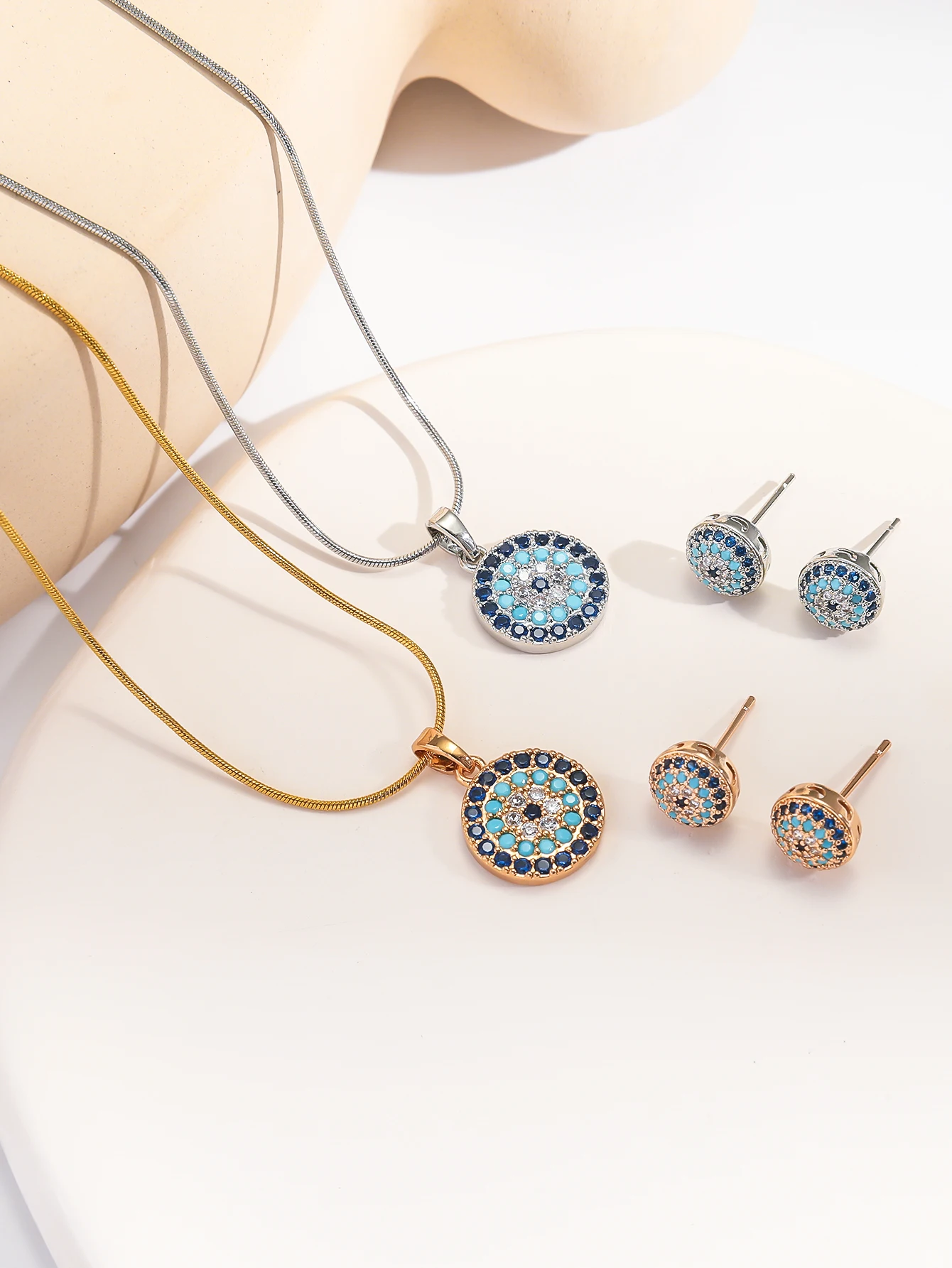 Böhmisches Vintage-Schmuckset für Damen, Türkis-Mikro-Set Böser-Blick-Anhänger-Halskette, Türkis-Mikro-Set Böser-Blick-Ohrstecker