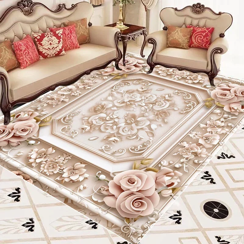 Teppiche Bodenmatten Europäisches Rosa Rosenmuster Rutschfeste Bedruckte Bodenmatte für Wohnzimmer Schlafzimmer Küche Heim-Dekoration Image