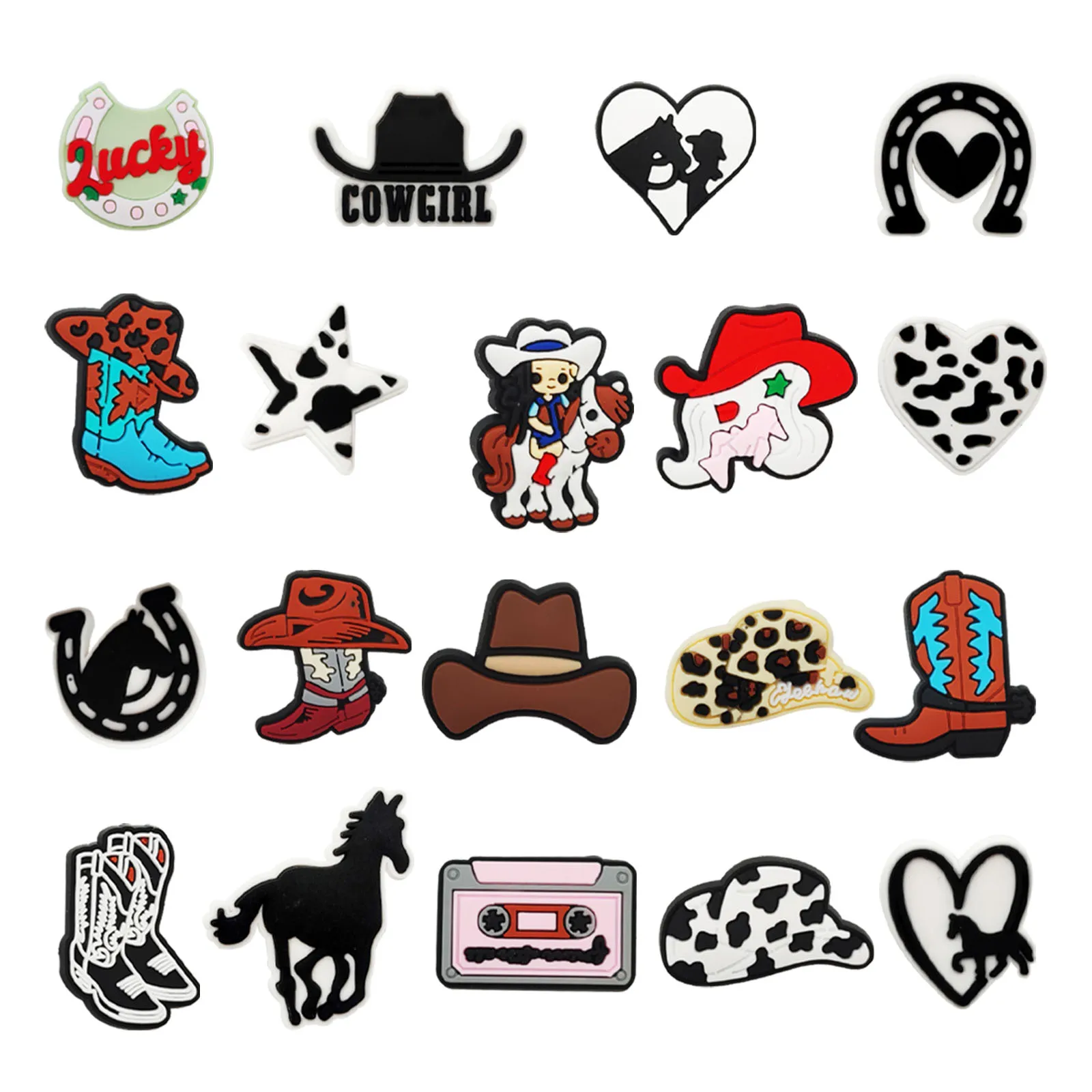 19-teiliges Cowgirl-Serie Schuh-Charms-Set für Sandalen, Strandtaschen, PVC-Schuhdekorationen, DIY-Charms in Premium-Qualität