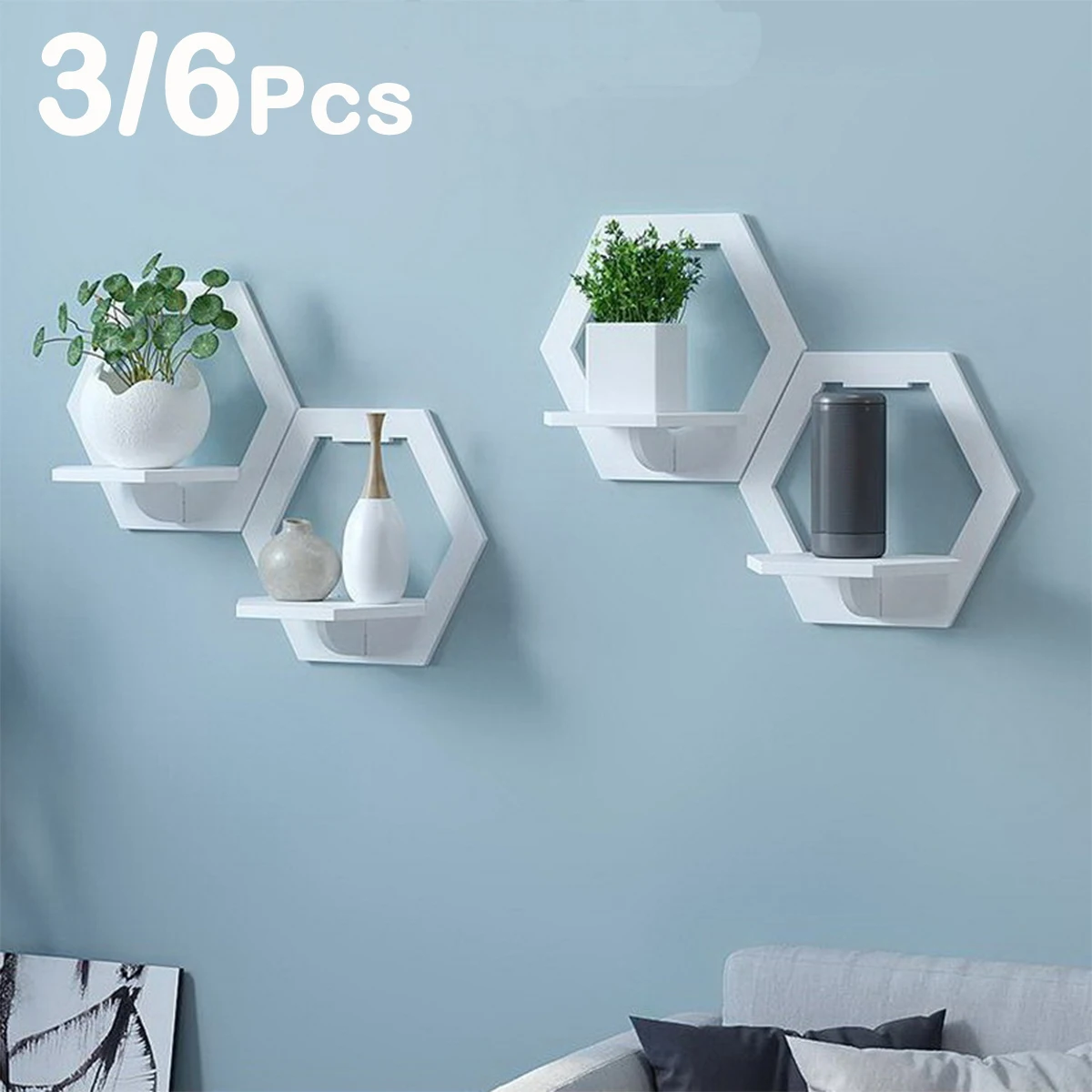 3/6Pcs Wand Organizer Regal Hexagon Wand-montiert Display-ständer für Blumentopf Handwerk Display Tv Backgrou zimmer Home Decor Image