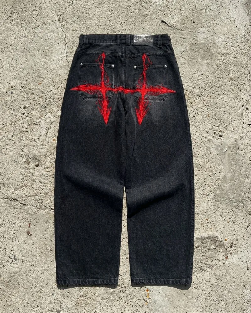 Y2K Vintage Harajuku Baggy Jeans für Herren, Rote Goth-Stickerei, Schwarze Weite Denim-Hose, Streetwear Hip-Hop Grunge Cyber-Style Jeans