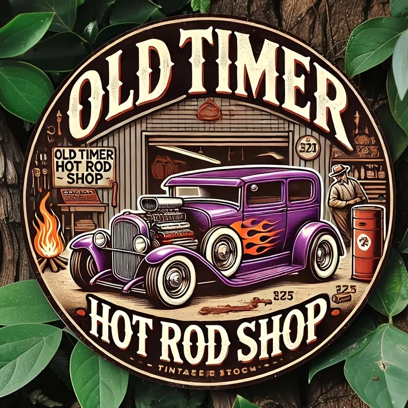 1 Stück, rund [2D flach] Vintage Hot Rod Shop Metall-Blechschild – 20x20cm Aluminium-Wandkunst, langlebig, wetterfest, rustikaler Oldtimer