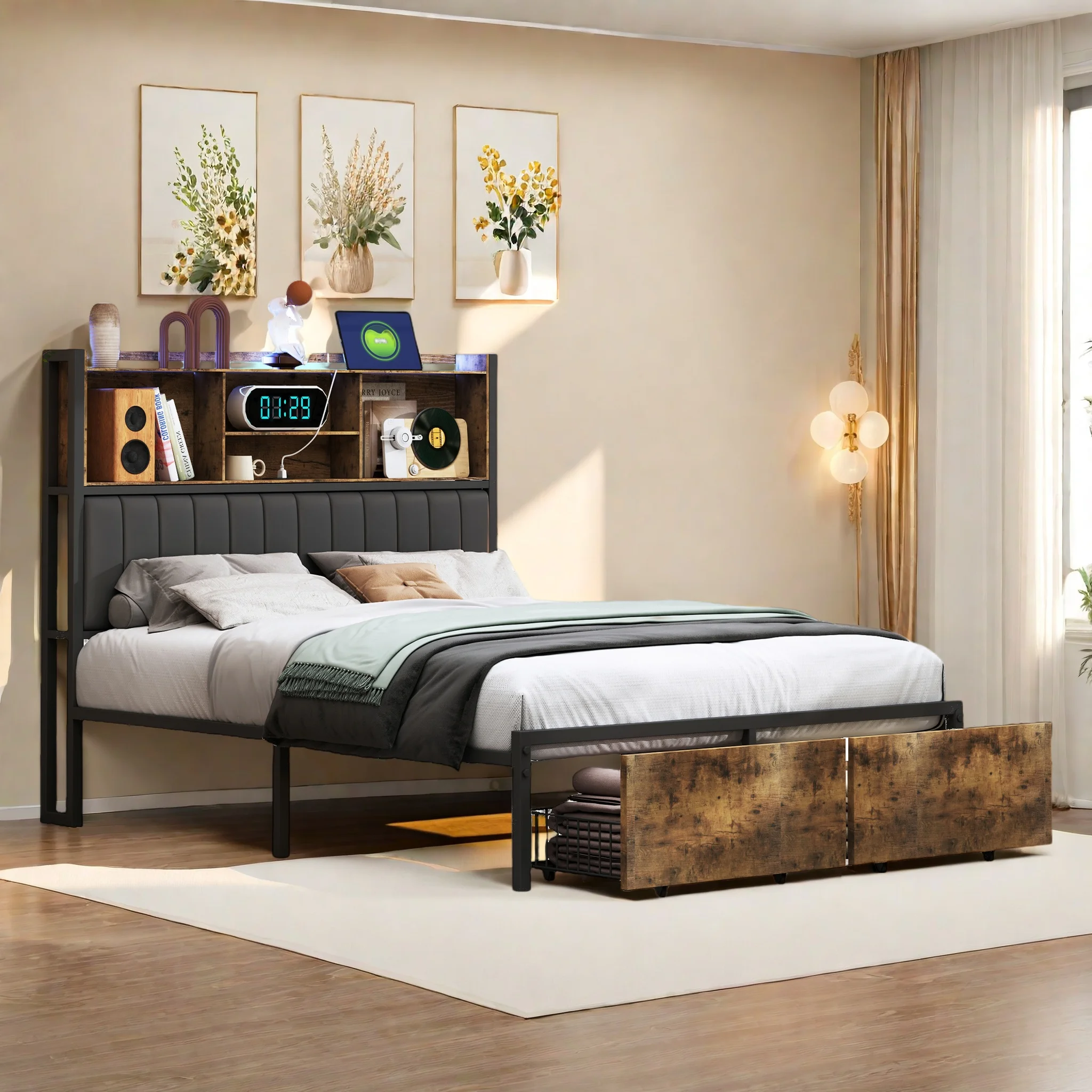 Polsterbett Doppelbett 160x200 cm Bettgestell mit LED Beleuchtung Metallbett mit 2 Schubladen Kopfteil mit Staufach und USB Anschluss gepolstertes Bett Jugendbett PU Leder Schwarz ohne Matratze Image