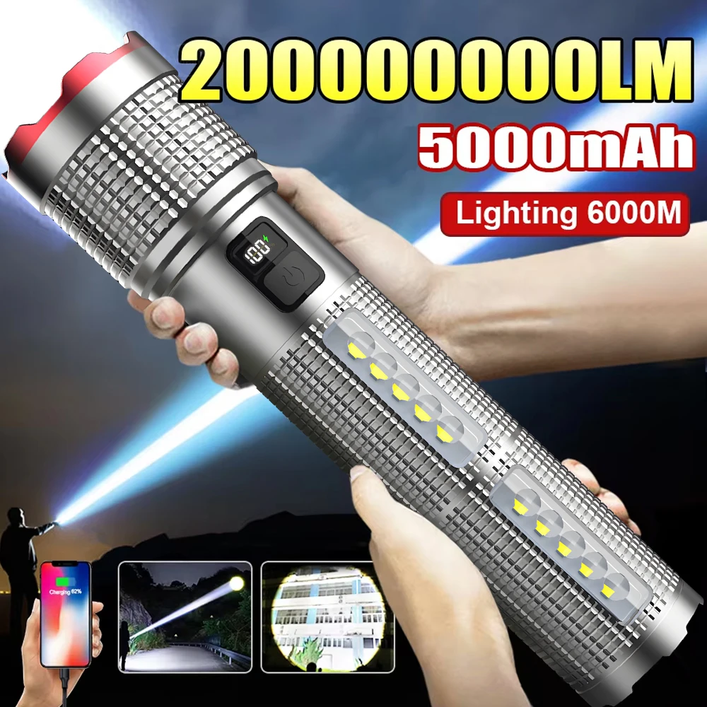 5000 MAH Leistungsstarke LED-Taschenlampe, wiederaufladbare Lampe, Seitenlicht, wasserdicht, taktische Laterne, Handtaschenlampe, Outdoor, Camping, Wandern Image
