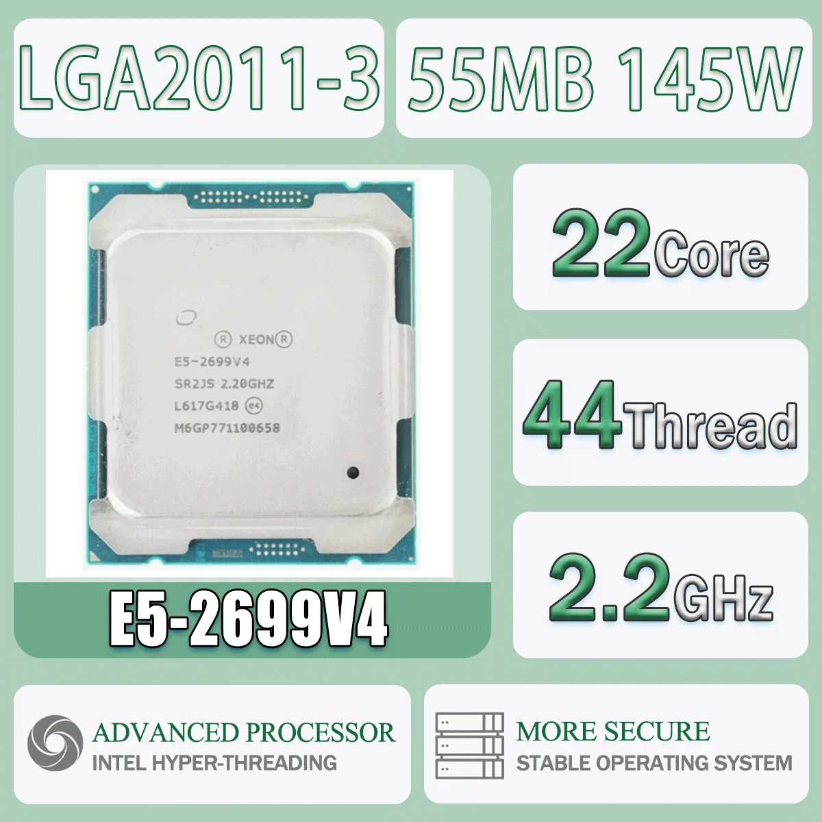 Intel Xeon E5-2699V4 2,2 GHz 22 Kerne 44 Threads 55 MB 145 W E5 2699V4 Computer-CPU-Prozessor E5 2699 V4 Paket LGA 2011-3 SR2JS Image