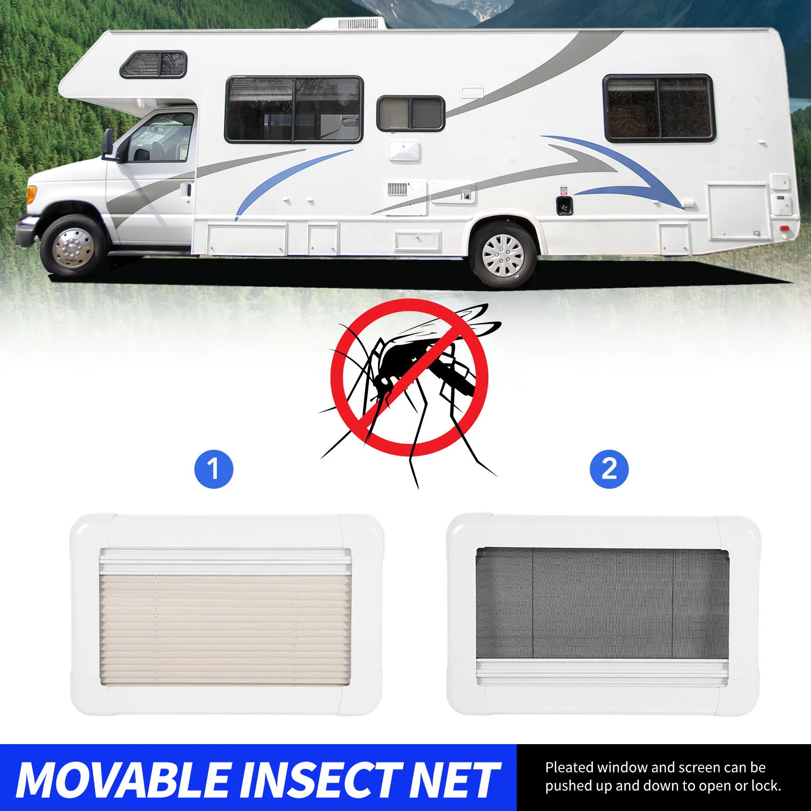 Wohnmobil-Fenster mit plissiertem Fenster, wärmeisoliert, flexibel, Push-Pull-Fensterjalousien für Wohnmobile, UV-beständig, geräuschlos, belüftet für Image