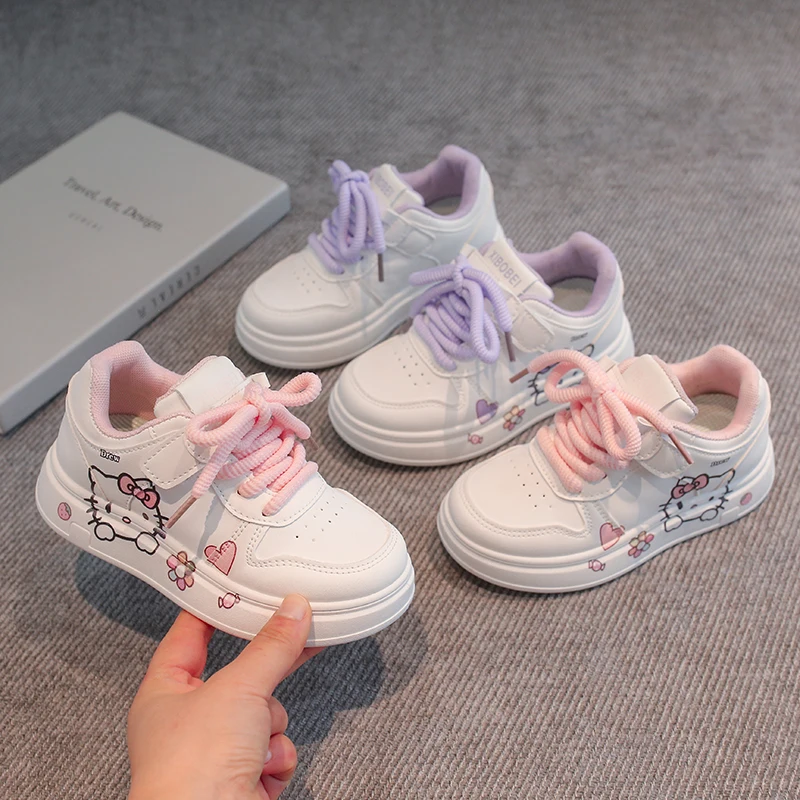 Sanrio Kinder-Freizeitschuhe, Hello Kitty-Schnürschuhe, Frühlingsschuhe für Kinder, atmungsaktiv, rutschfest, Lila, Rosa, Größe 25–36