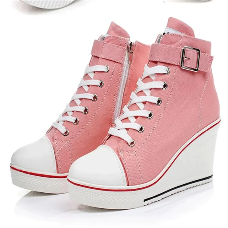 Heißer Leinwand Schuhe Frauen Keile High Top Plattform Schuhe Frau Casual Trainer Aufzug Schuh High Heels Zapatos Mujer größe 35-43