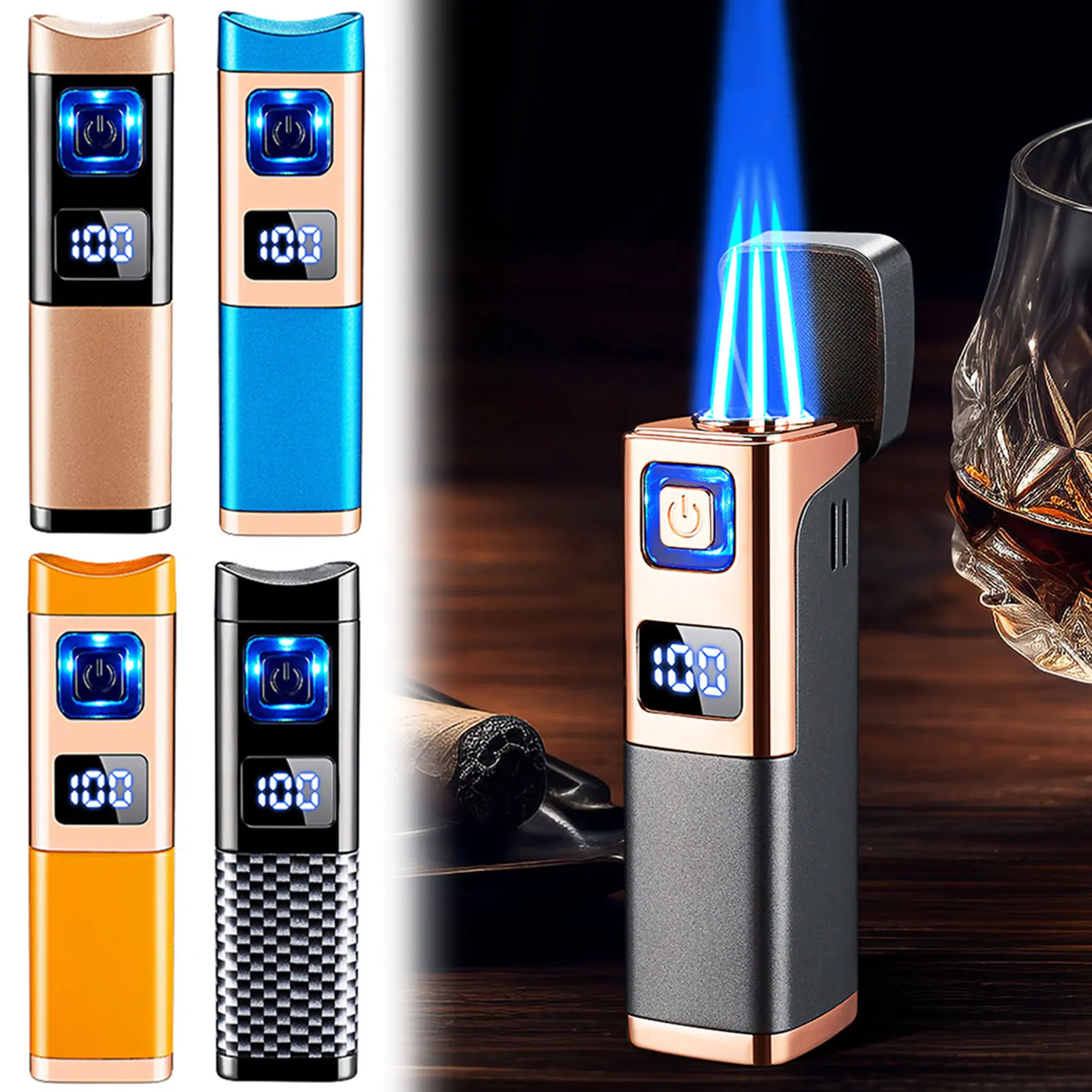 Winddichte Jet-Flame-Feuerzeuge, dreifach flammiges Fackelfeuerzeug mit Zigarrenschneider, aufblasbares Metall-Butan-Feuerzeug für Männer Image