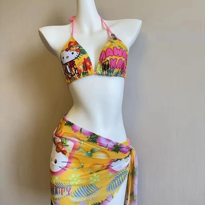 2/3-teiliger Sanrio Hello Kitty Bikini, Kreativer Niedlicher Cartoon-Badeanzug, Modischer Hot-Girl-Pool-Party-Kawaii-Studenten-Badeanzug mit Rückenausschnitt
