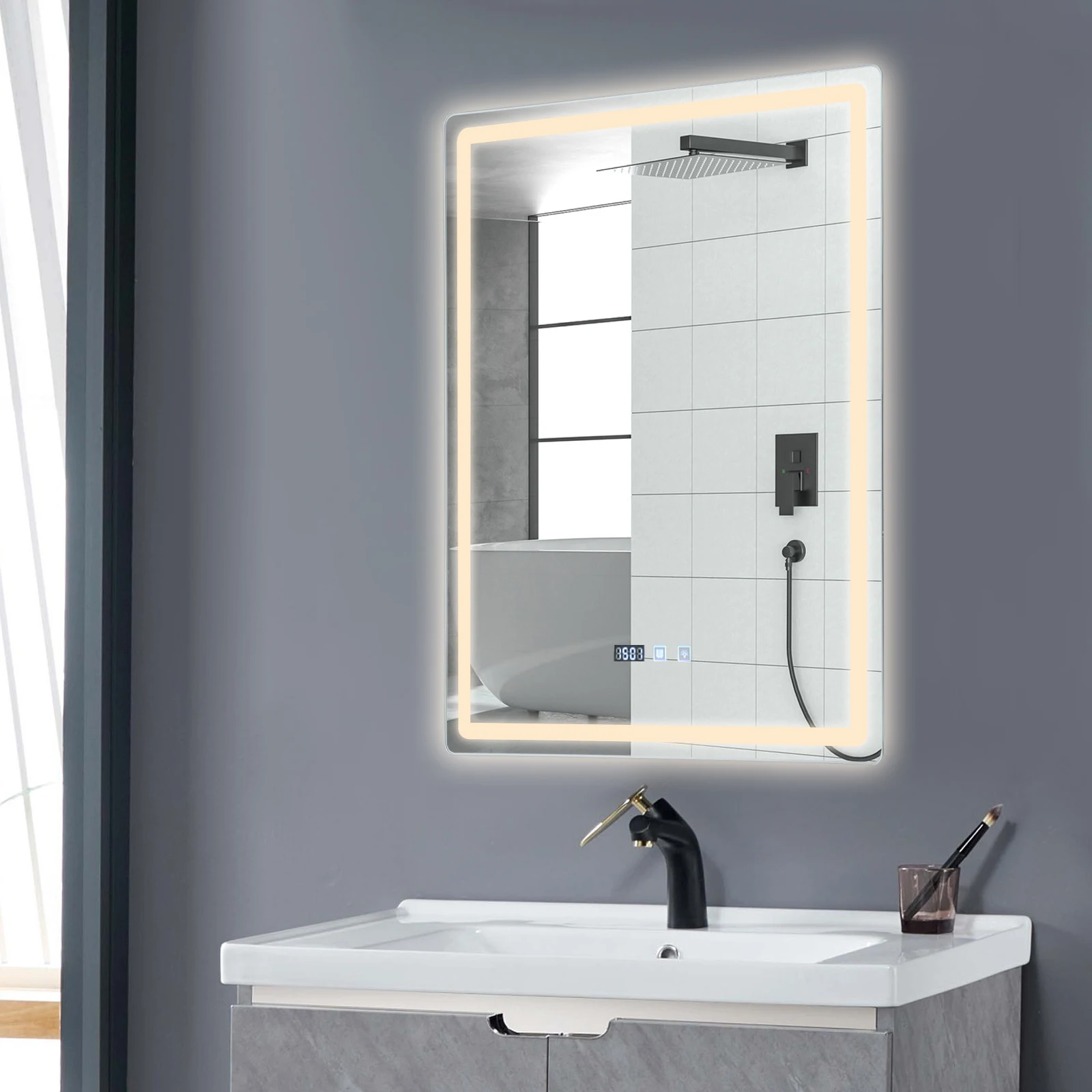 50×70cm LED-Badezimmerspiegel mit Antibeschlagfunktion, 3-farbig dimmbarer Wandspiegel, IP54, EU-Stecker